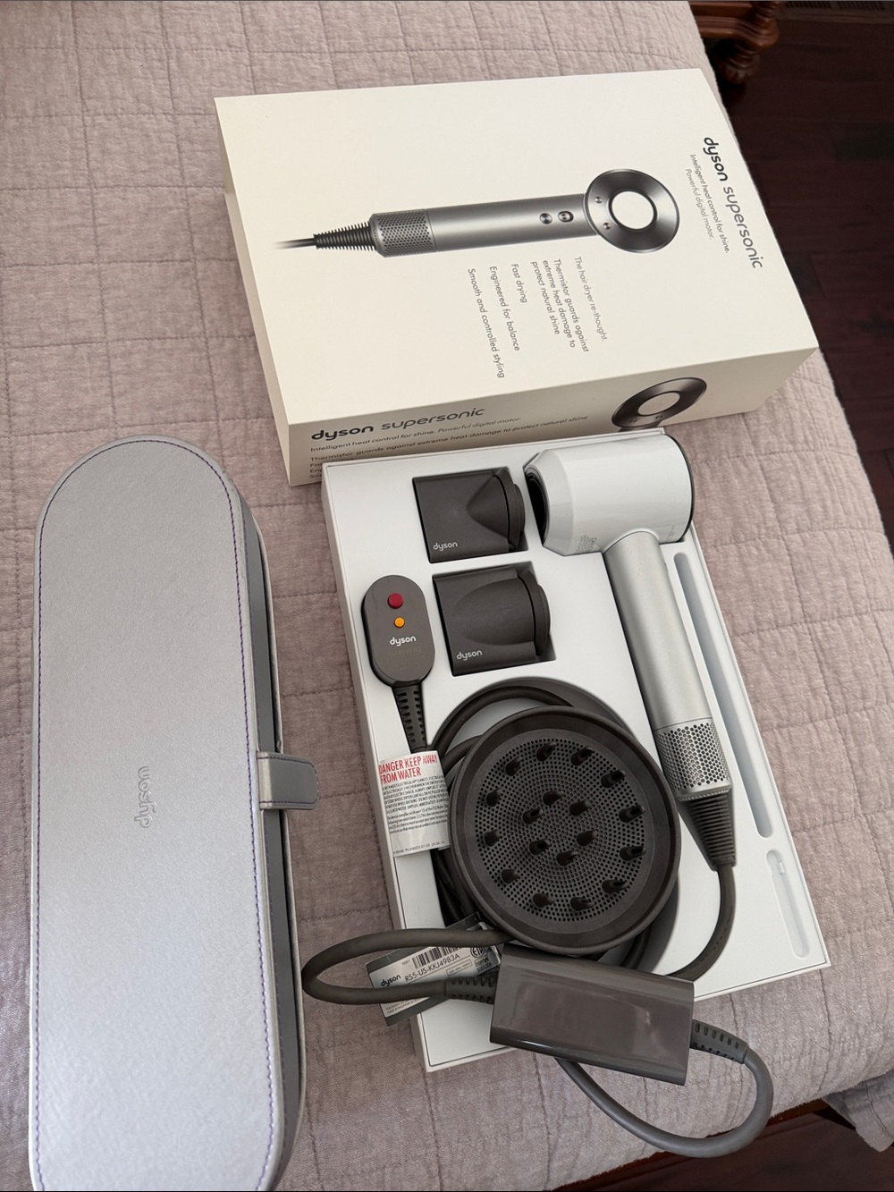 Dyson Supersonic Hair Dryer in White and Silver with Accessories